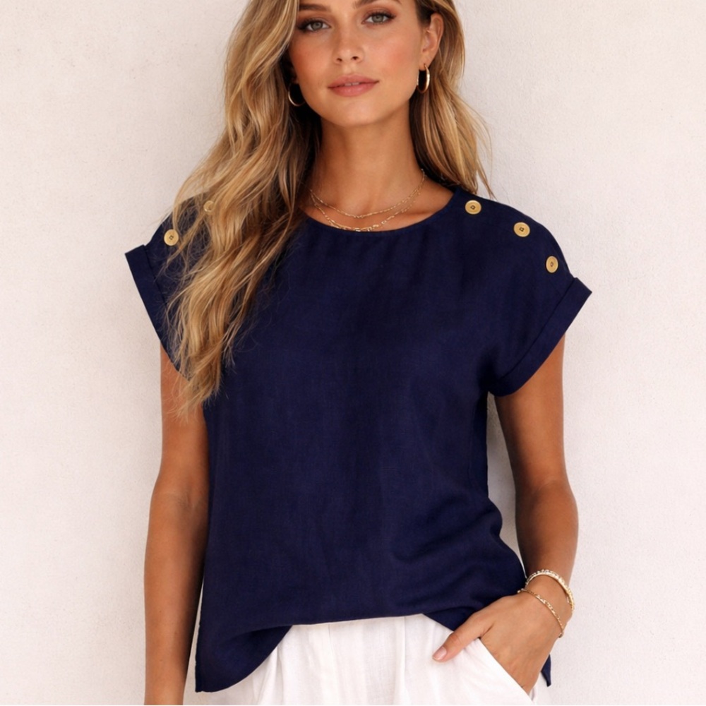 New Anne Klein Navy Blue Top Gold Buttons Short Sleeve Linen Blend Oversized XS